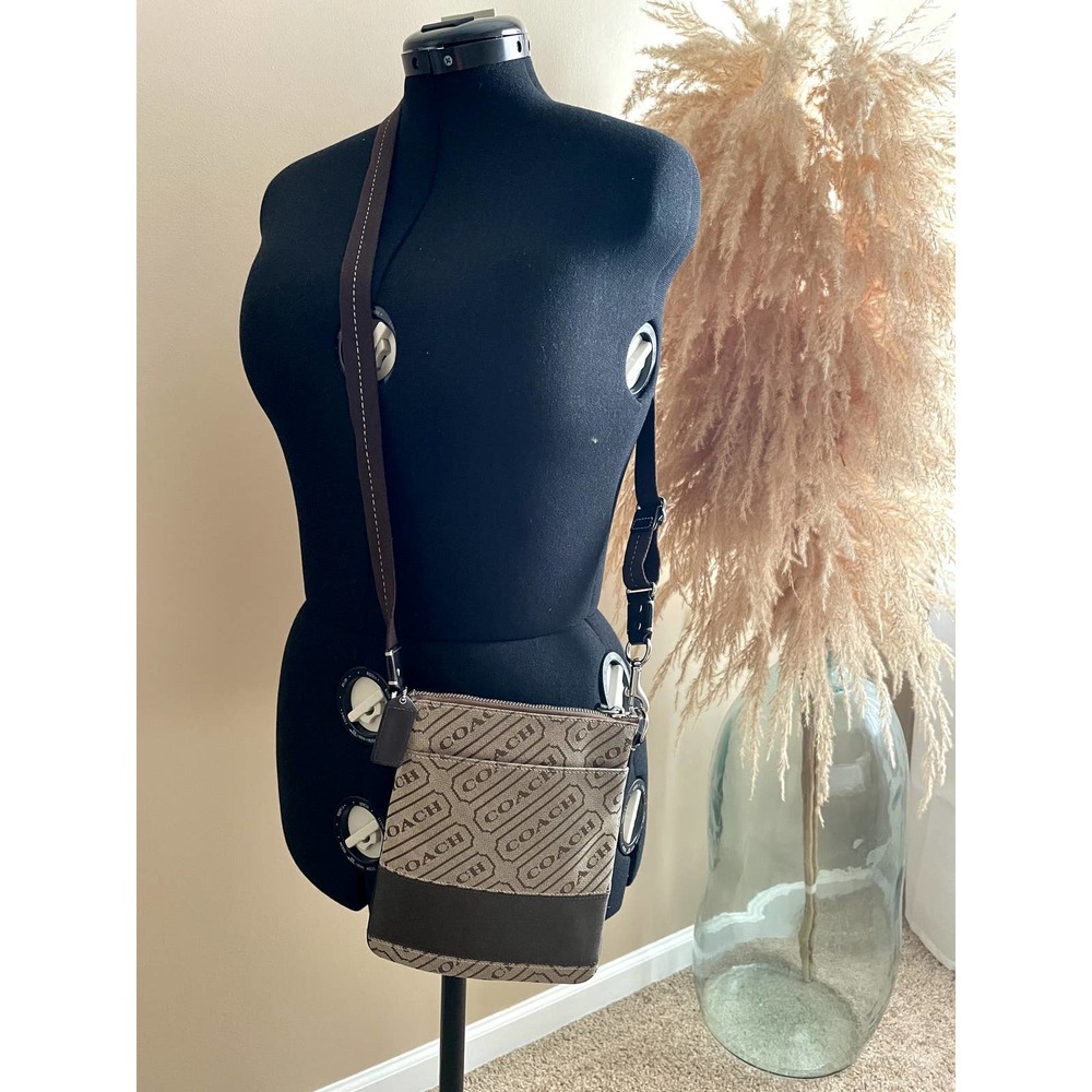 "Coach" Crossbody Canvas Zip Bag Brown Tan